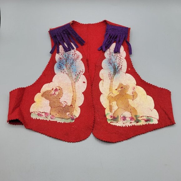 1950s Souvenir Yellowstone Park Felt Vest Bear Graphics Fringe Child Size